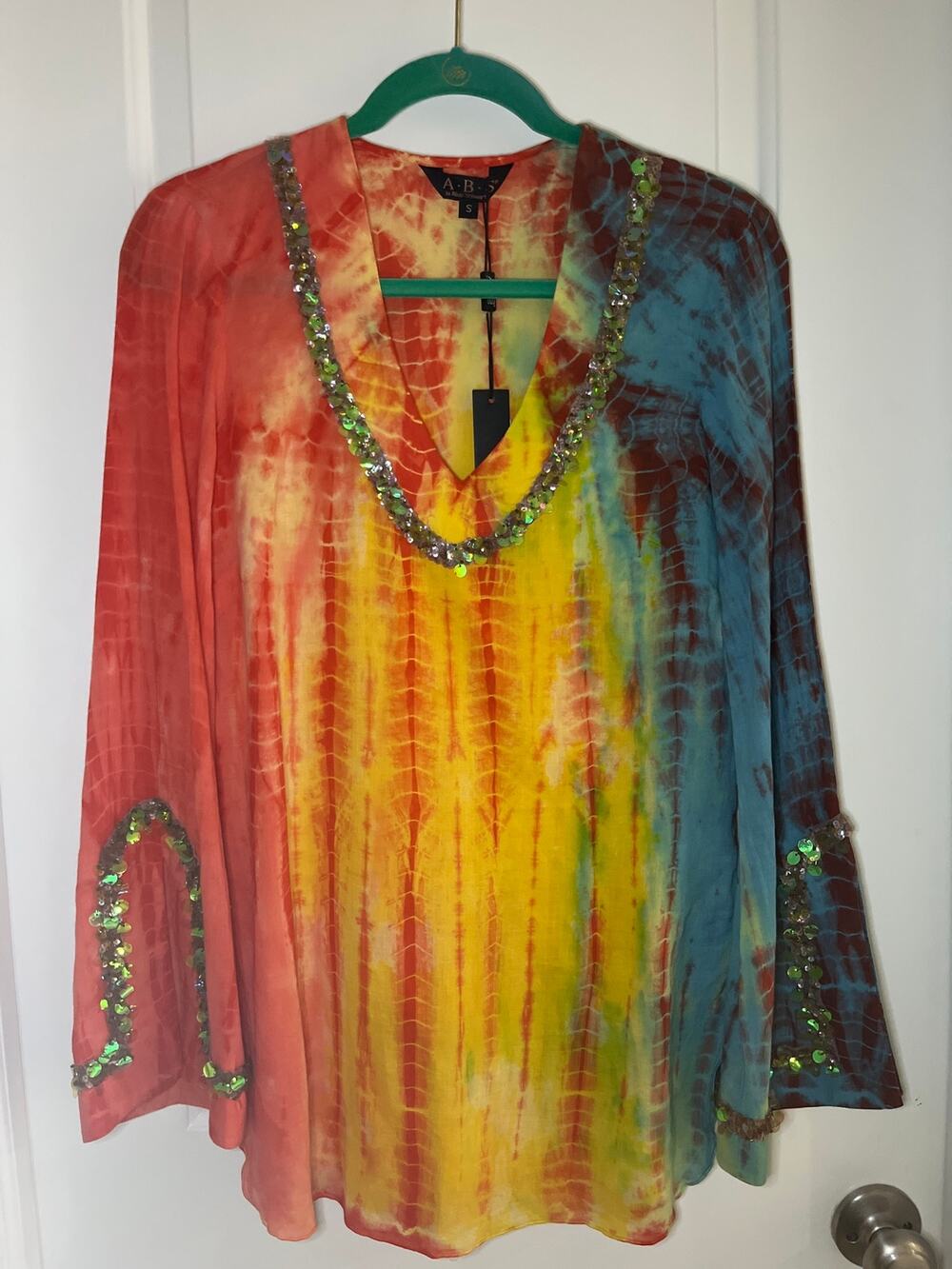 NWT ABS Allen Schwartz Multi-Colored Long Sleeve Sequins Embellished Top Sz S